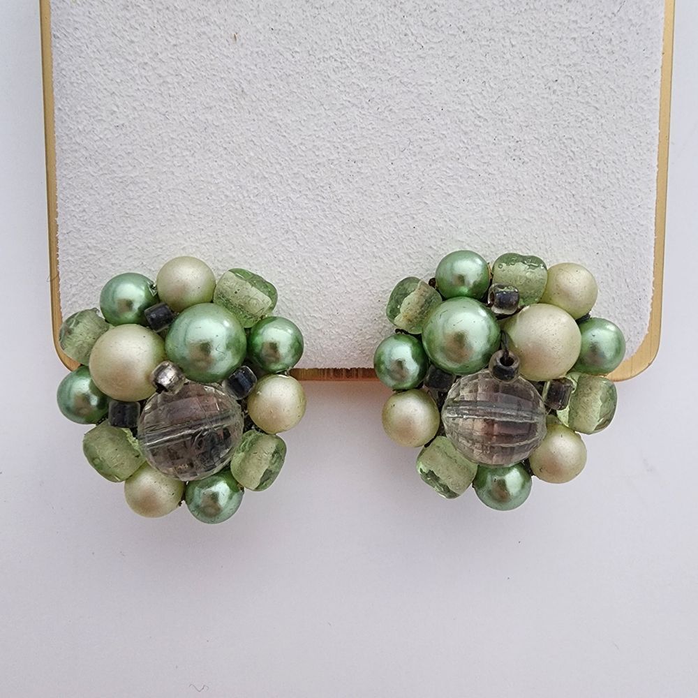 Vintage Green Cluster Beaded Clip Earrings Japan